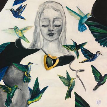 A grayscale woman surrounded by colorful hummingbirds with a golden heart on her chest.