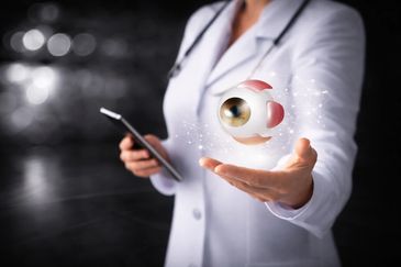 Doctor holding a digital hologram of a human eye with a smartphone.
