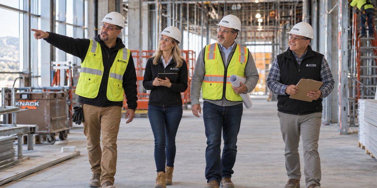 Construction team discussing plans onsite.