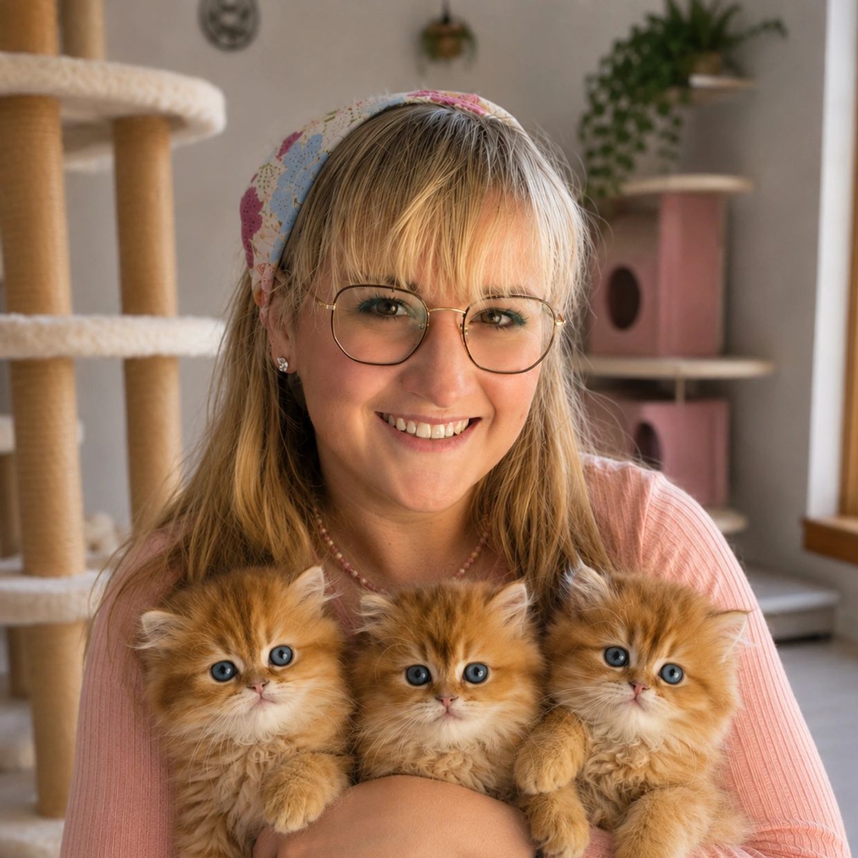 Woman smiling with three fluffy orange kittens.