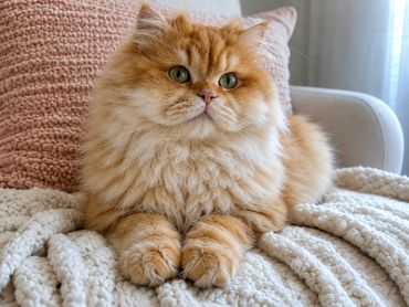 Fluffy orange cat sitting on a knitted blanket.