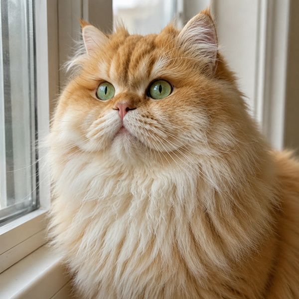 Fluffy orange cat with green eyes looking out a window.