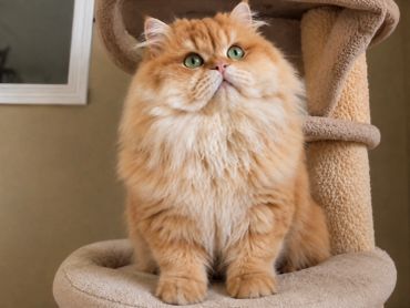 Fluffy orange cat with green eyes on a cat tree.