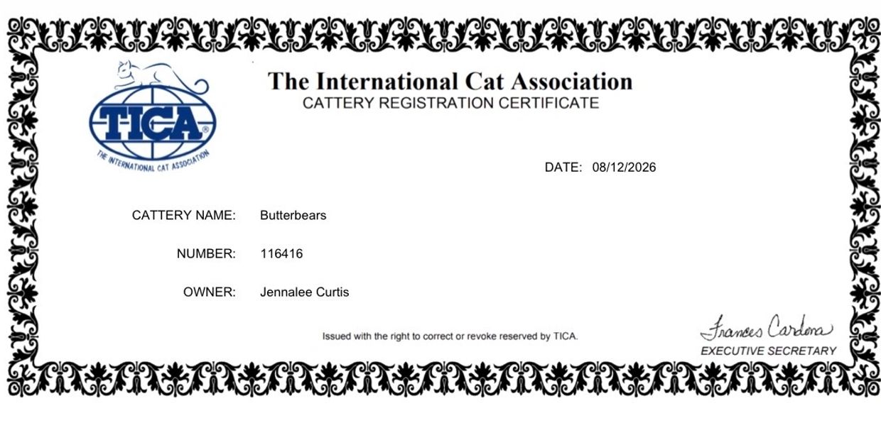 Cattery registration certificate from The International Cat Association.