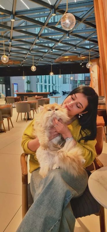 Woman holding a fluffy cat in a modern cafe.
