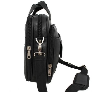 Visão lateral da pasta executiva em couro sintético com alça de mão e alça lateral regulável