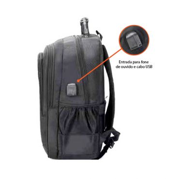 Visão lateral da mochila personalizada para empresas com entrada para cabo USB e fone de ouvido