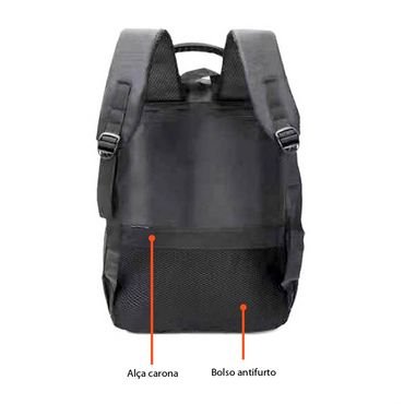 Visão traseira da mochila personalizada para empresas com alça carona e bolso antifurto