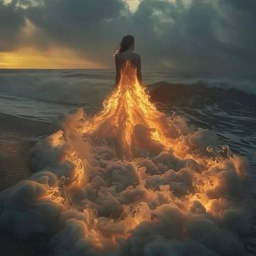 Woman in a glowing fiery dress by the sea at sunset.