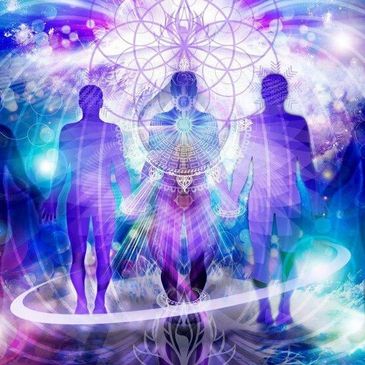 Spiritual beings surrounded by vibrant cosmic light.