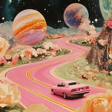A pink car driving on a surreal pink road with planets in the sky.