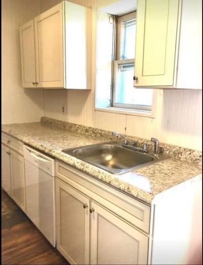 Clean kitchen countertop with sink and cabinets.