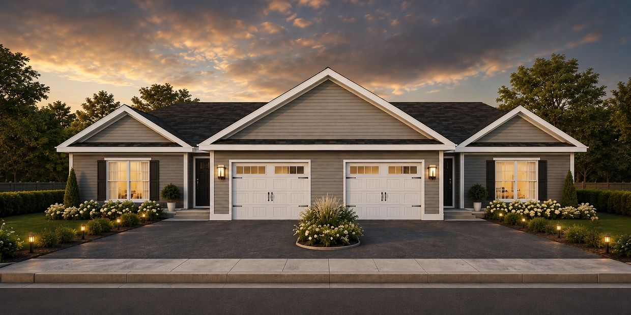 Symmetrical duplex house at sunset with well-kept garden.