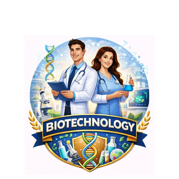 Two scientists in lab coats with biotech equipment and DNA strand illustration.