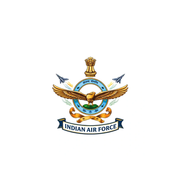 Emblem of the Indian Air Force with eagle, jets, and Ashoka emblem.