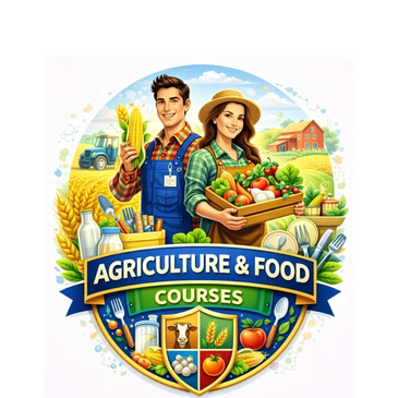 Illustration promoting agriculture and food courses with happy farmers and fresh produce.