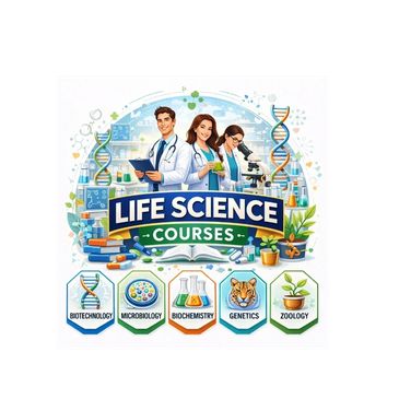 Illustration of life science courses with doctors and scientific icons.