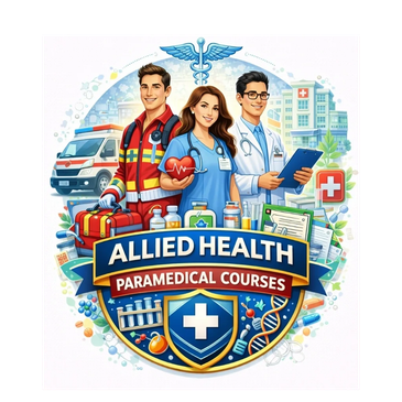 Illustration of allied health professionals promoting paramedical courses.