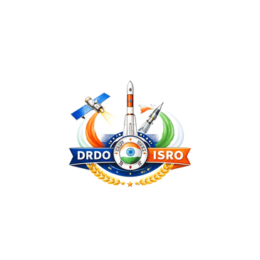 Logo featuring DRDO and ISRO with rockets and satellite against Indian tricolor.