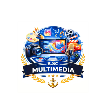Creative multimedia elements surrounding B.Sc Multimedia text.