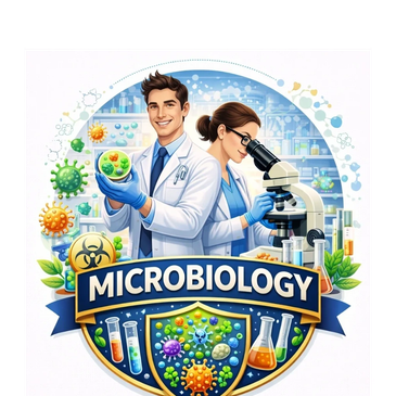 Two scientists studying microbes in a microbiology lab with colorful bacteria and viruses.