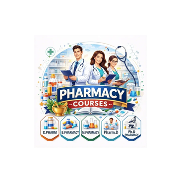 Illustration of pharmacy courses with professionals and degree icons.