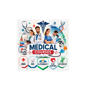 Medical courses with professionals and scientific icons.