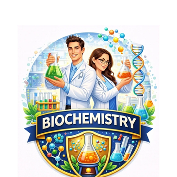 Two scientists with lab equipment under a biochemistry banner.