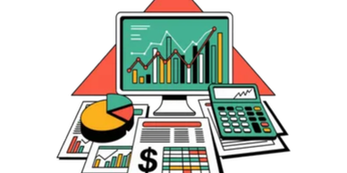 Financial charts, calculator, and documents illustrating business analytics.