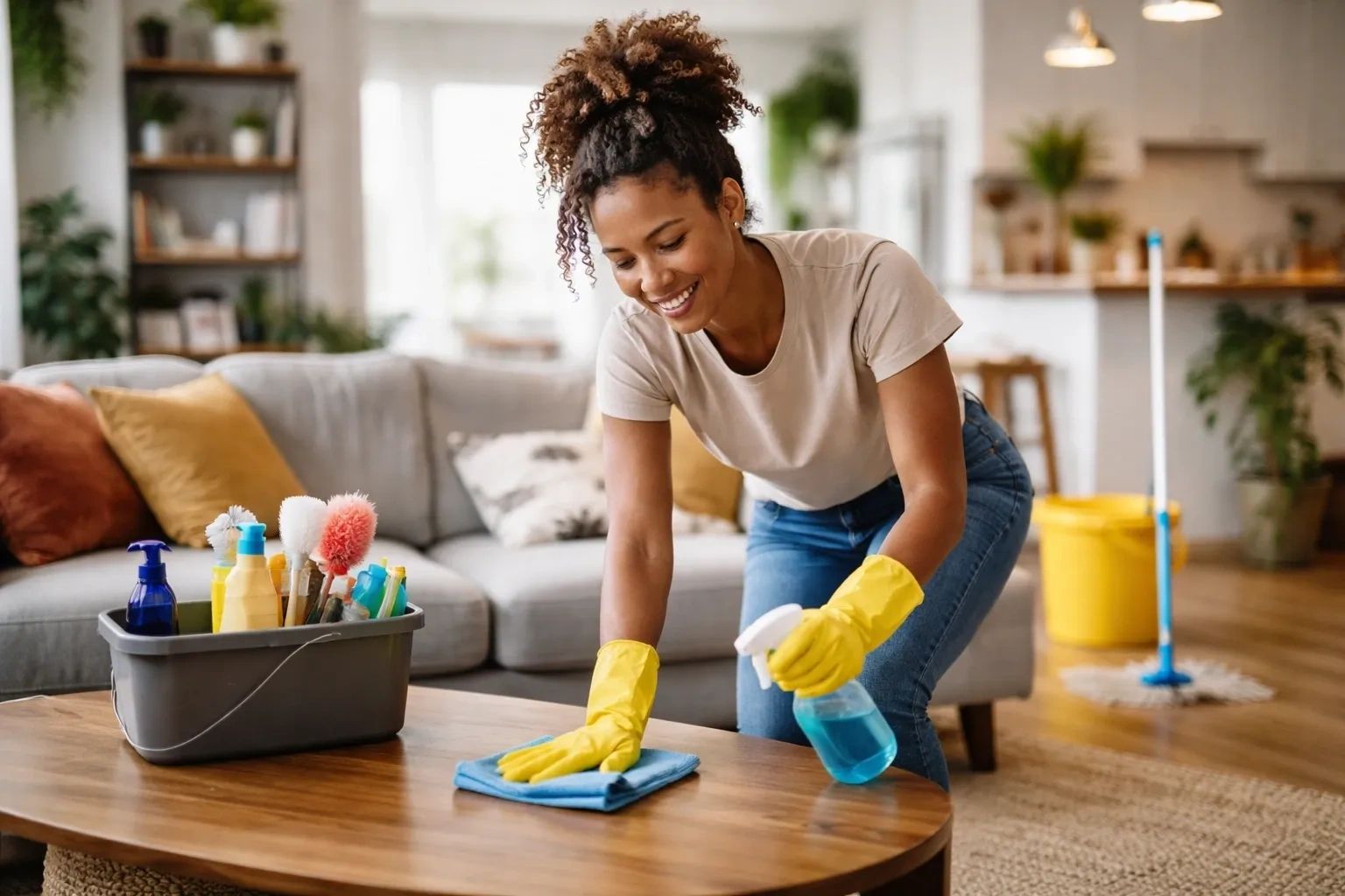 A professional cleaner performing move out cleaning inside a bright, modern home. 
