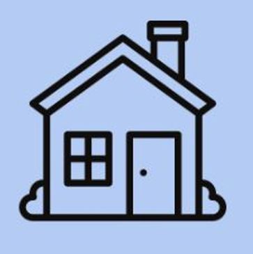 Simple line drawing of a house on a blue background.