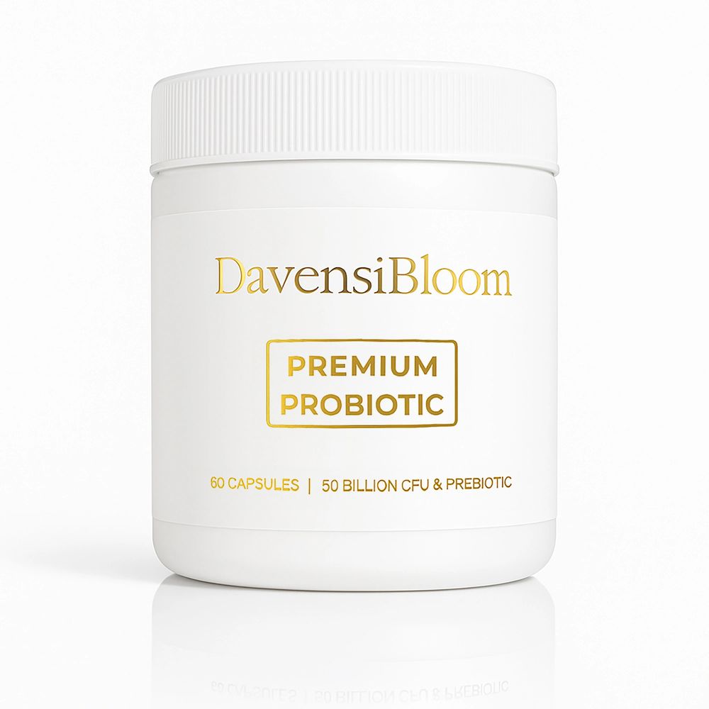 DavensiBloom bottle on a cream background with a beige label promoting Your Probiotic Source