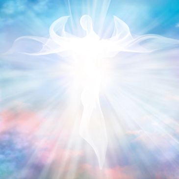 Radiant angel figure glowing in the sky.