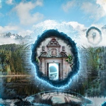 Surreal portal showing an ancient doorway with a cosmic interior.