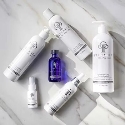 Circadia skincare products arranged on marble.