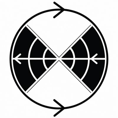 Black and white circular symbol with arrows and geometric shapes.