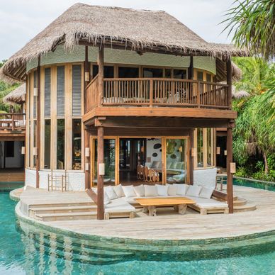 A tropical wooden villa with a thatched roof surrounded by a clear pool and lush greenery.