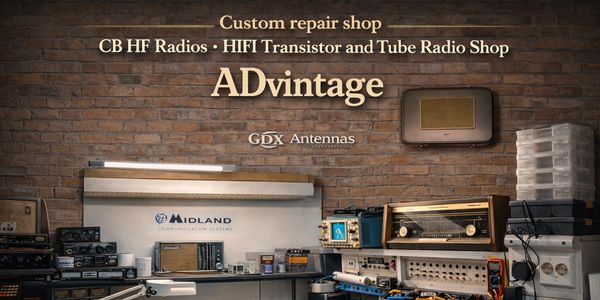 A vintage radio repair shop workspace filled with tools and radios.