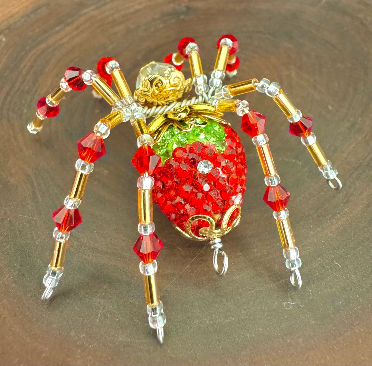 Small Gold and Red Rhinestone Strawberry Twisted Spider