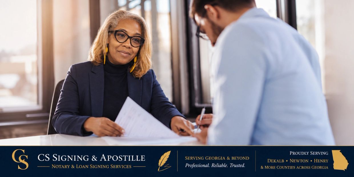 Woman providing notary and loan signing services in Georgia.