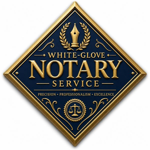 Elegant logo for White-Glove Notary Service with gold and navy design.