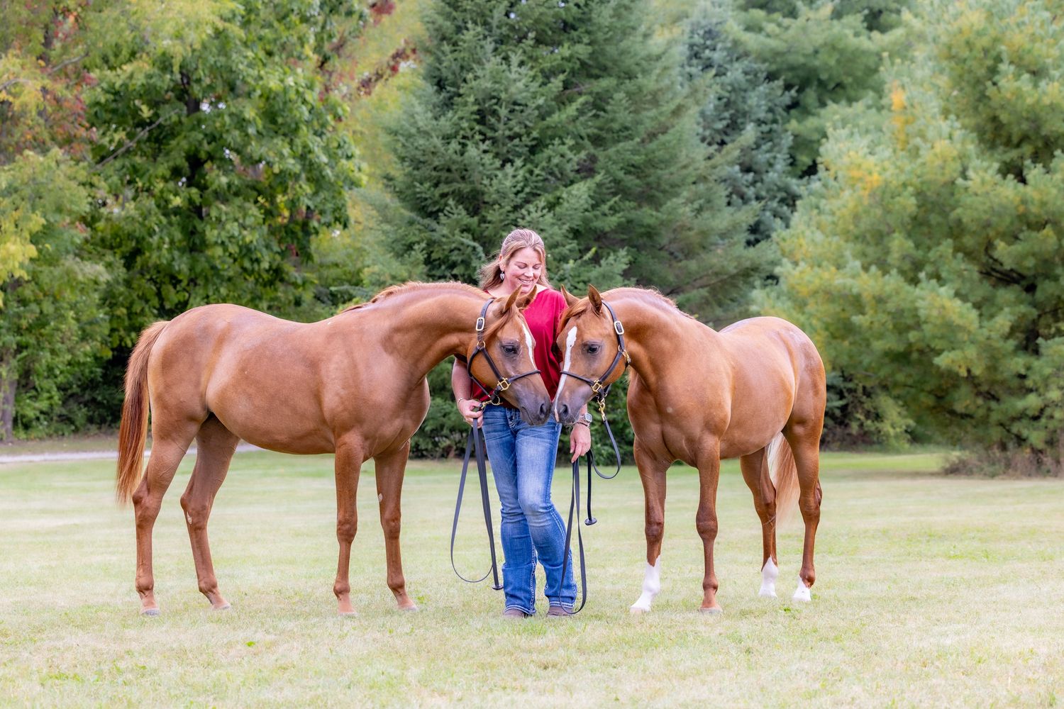 Mary Loden standing between two chestnut horses in a grassy field.at Legacy Pines, Arabian horse training, breeding services, and horse rehabilitation programs 