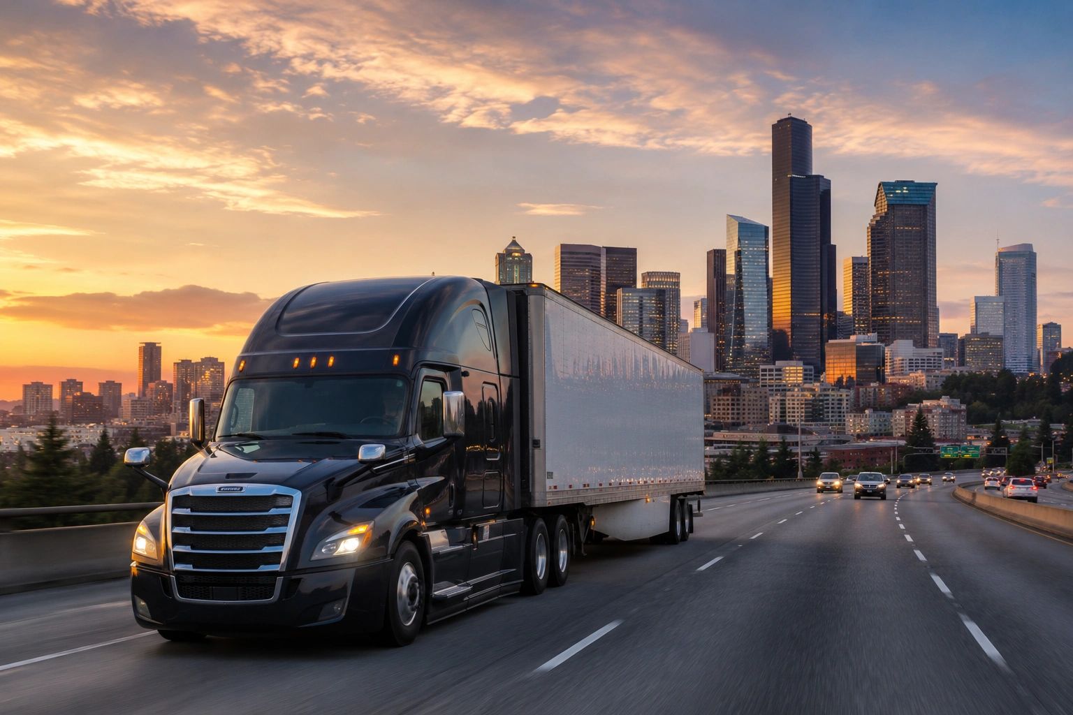 Black semi-truck driving on highway with city skyline at sunset.