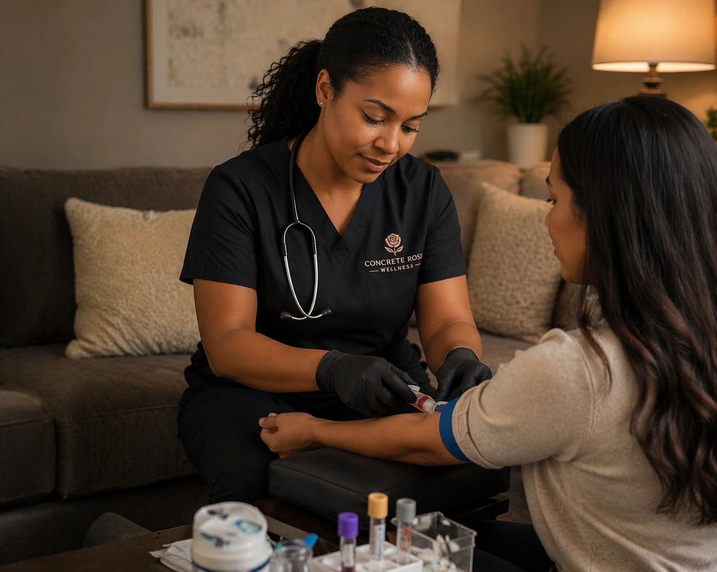 Healthcare professional drawing blood from a patient's arm in a cozy living room.