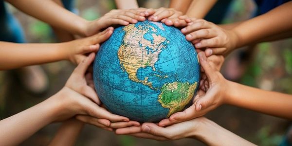 Multiple hands holding a globe symbolizing global unity and cooperation.