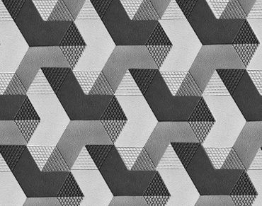 Black and white geometric pattern with textured hexagons.