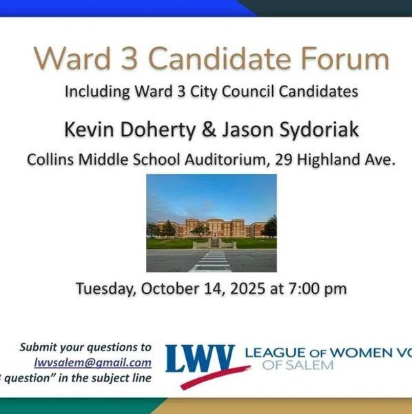 Ward 3 candidate forum on October 14 at 7pm at Collins Middle School Auditorium