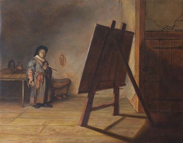 A man in front of a canvas