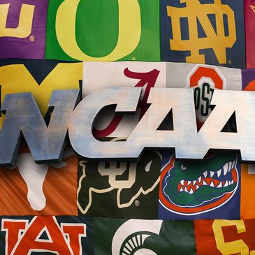 NCAA logo with college team logos in the background.
