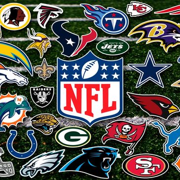NFL logo surrounded by team logos on a football field.